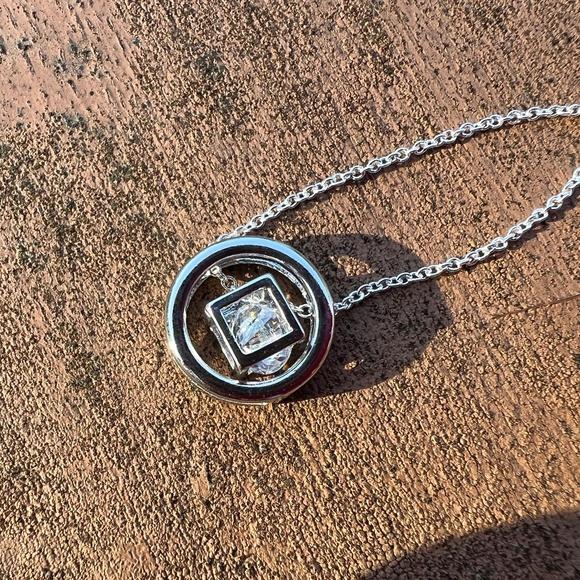 Circle Square Cage Cubic Zirconia Pendant Sterling Silver 925 , Platinum Plated - Picture 1 of 10